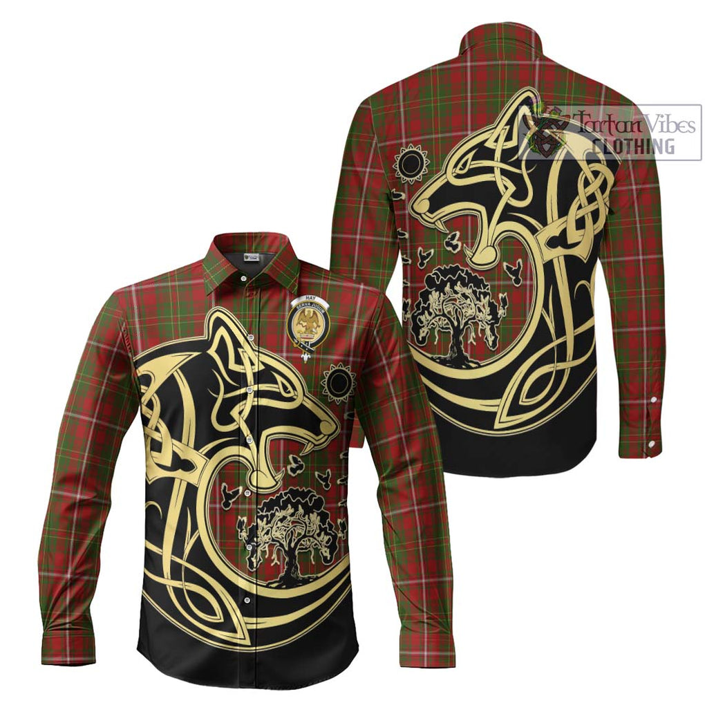 Hay Tartan Long Sleeve Button Shirt with Family Crest Celtic Wolf Style Men's Shirt S - Tartan Vibes Clothing
