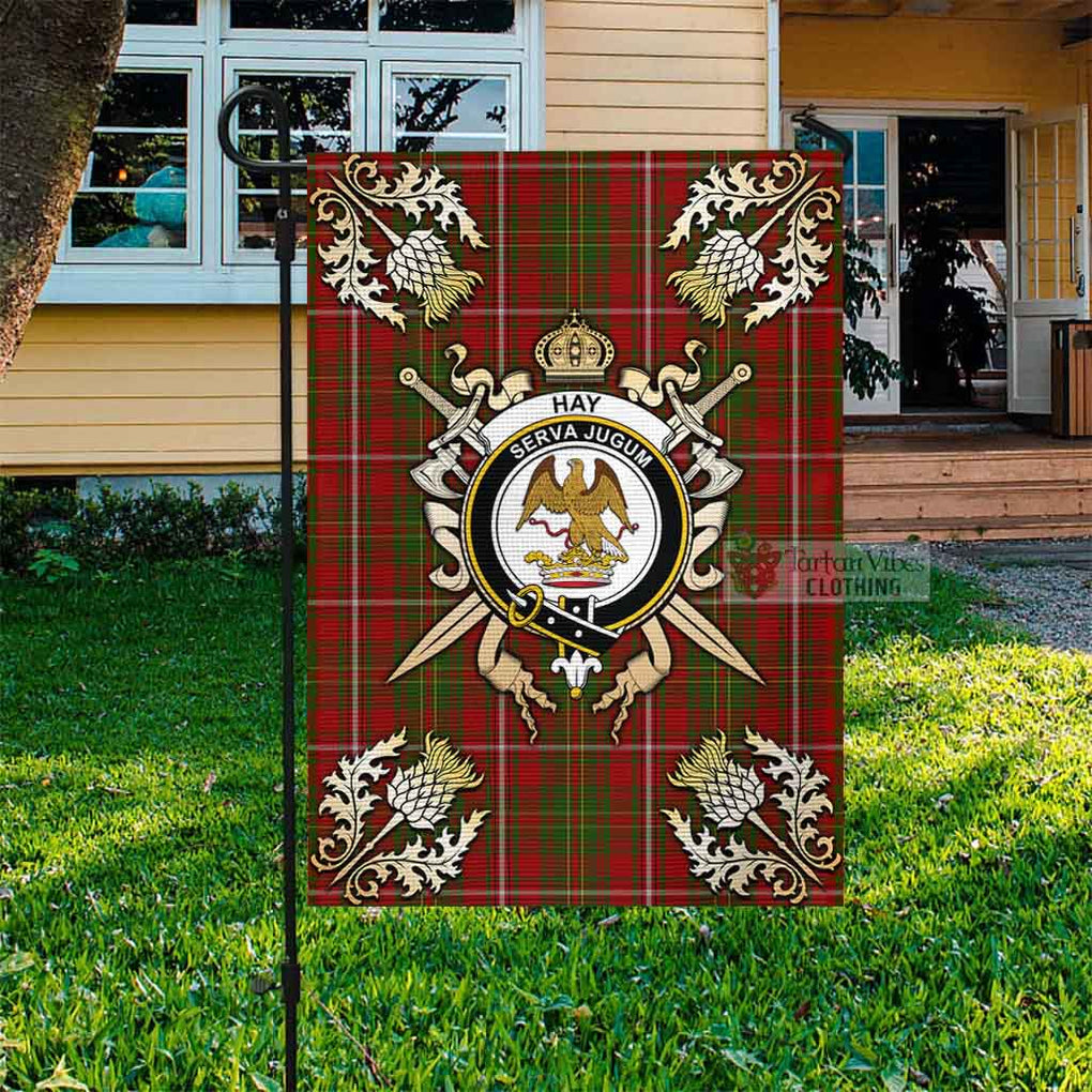 Tartan Vibes Clothing Hay Tartan Flag with Family Crest and Golden Thistle Crossed Sword Design