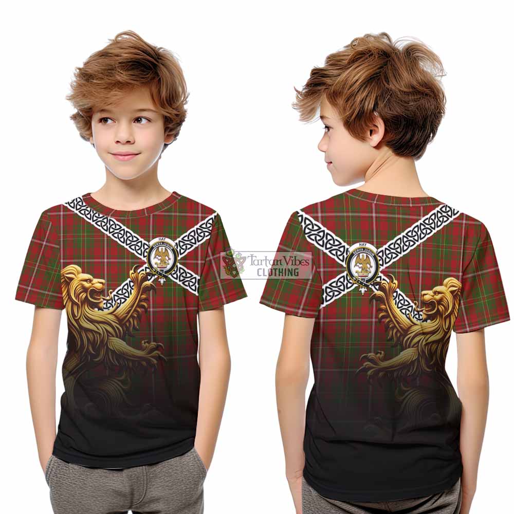Tartan Vibes Clothing Hay Crest Tartan Kid T-Shirt with Golden Lion Emblem Celtic Style