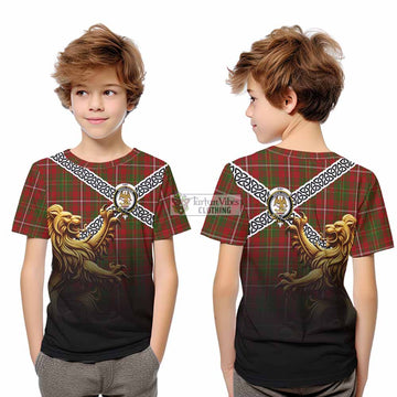 Hay Crest Tartan Kid T-Shirt with Golden Lion Emblem Celtic Style