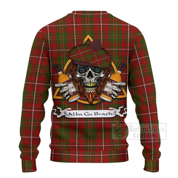 Tartan Vibes Clothing Hay Tartan Knitted Sweater with Family Crest and Bearded Skull Holding Bottles of Whiskey