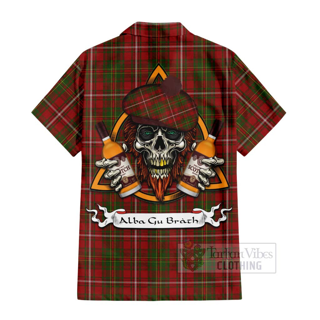 Tartan Vibes Clothing Hay Tartan Short Sleeve Button Shirt with Family Crest and Bearded Skull Holding Bottles of Whiskey