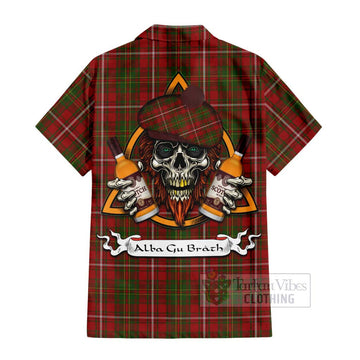 Tartan Vibes Clothing Hay Tartan Short Sleeve Button Shirt with Family Crest and Bearded Skull Holding Bottles of Whiskey