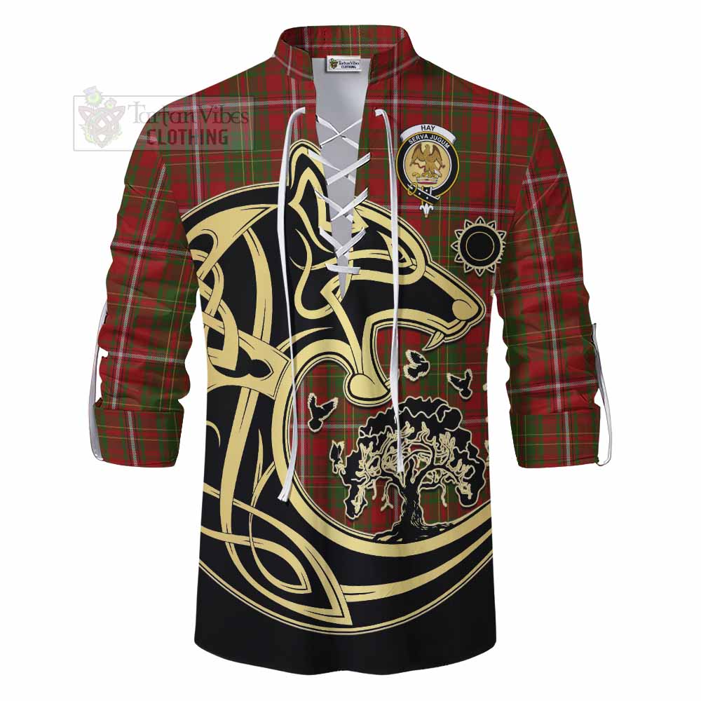 Tartan Vibes Clothing Hay Tartan Ghillie Kilt Shirt with Family Crest Celtic Wolf Style