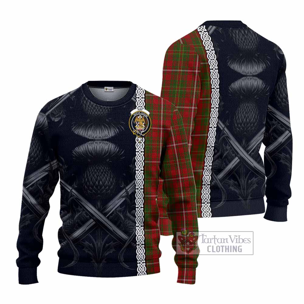 Tartan Vibes Clothing Hay Tartan Knitted Sweater with Family Crest Cross Sword Thistle Celtic Vibes