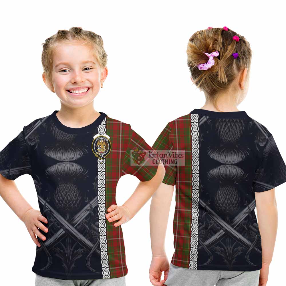Tartan Vibes Clothing Hay Tartan Kid T-Shirt with Family Crest Cross Sword Thistle Celtic Vibes