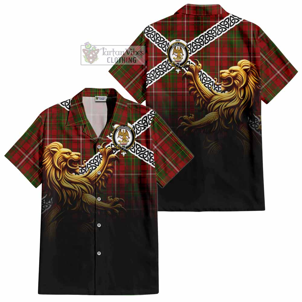 Tartan Vibes Clothing Hay Crest Tartan Short Sleeve Button Shirt with Golden Lion Emblem Celtic Style