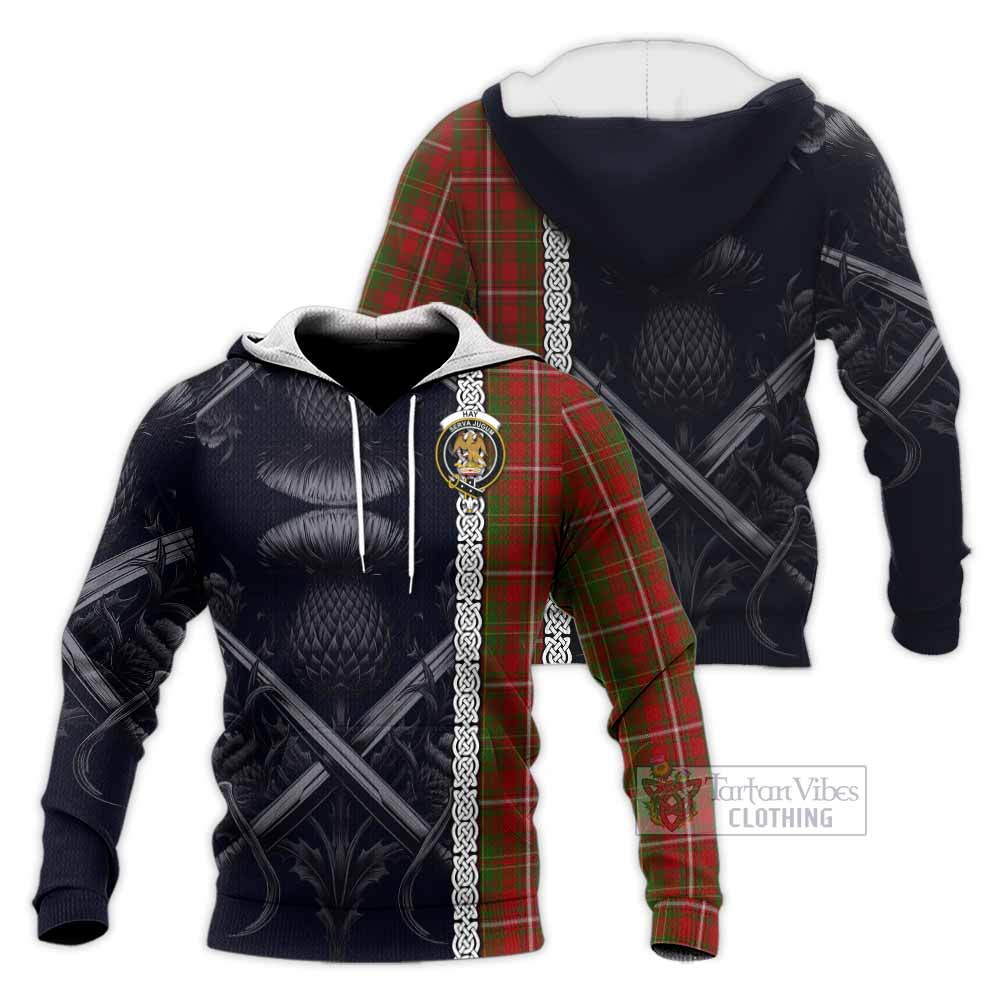 Tartan Vibes Clothing Hay Tartan Knitted Hoodie with Family Crest Cross Sword Thistle Celtic Vibes