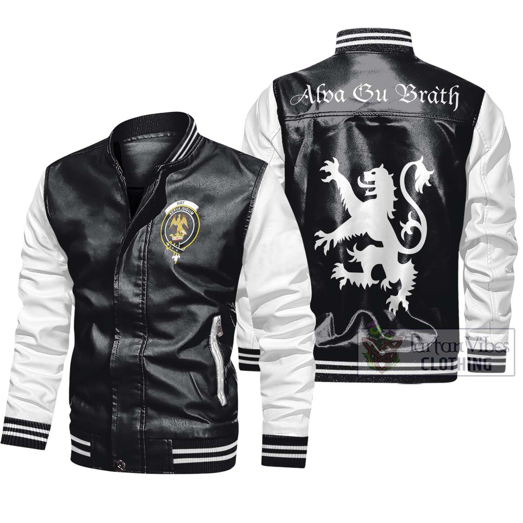 Hay Family Crest Leather Bomber Jacket Lion Rampant Alba Gu Brath Style Black - White Unisex - 2D-tartanvibesclothing