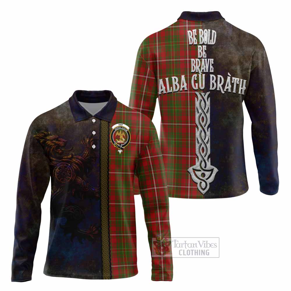 Tartan Vibes Clothing Hay Tartan Family Crest Long Sleeve Polo Shirt Alba Gu Brath Be Brave Lion Ancient Style