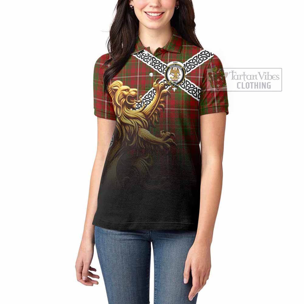 Tartan Vibes Clothing Hay Crest Tartan Women's Polo Shirt with Golden Lion Emblem Celtic Style