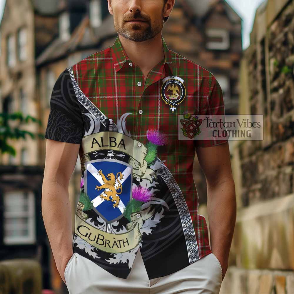 Tartan Vibes Clothing Hay Tartan Family Crest Short Sleeve Button Shirt Lion Rampant Royal Thistle Shield Celtic Inspired