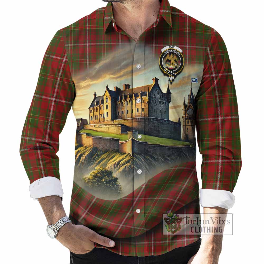 Tartan Vibes Clothing Hay Tartan Family Crest Long Sleeve Button Shirt with Scottish Ancient Castle Style