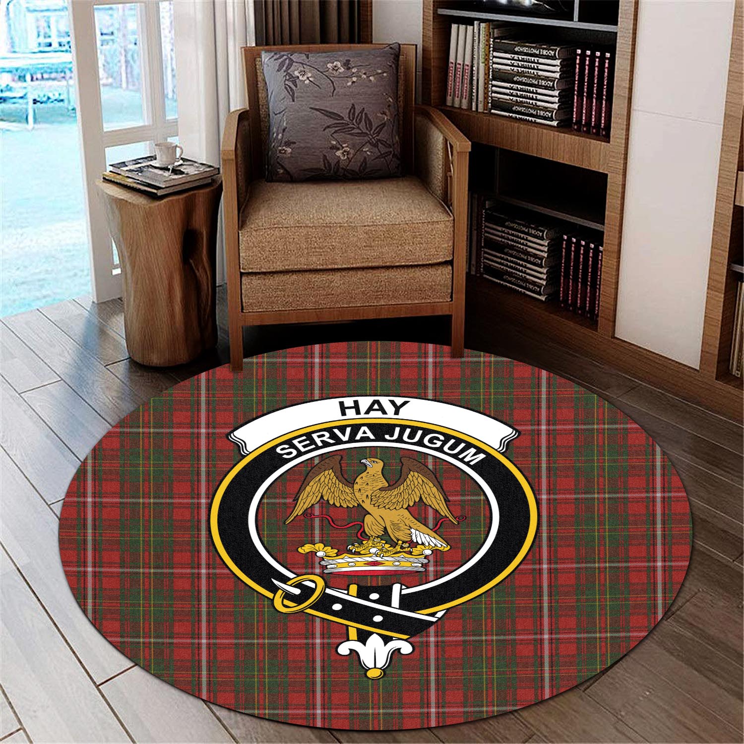 hay-tartan-round-rug-with-family-crest