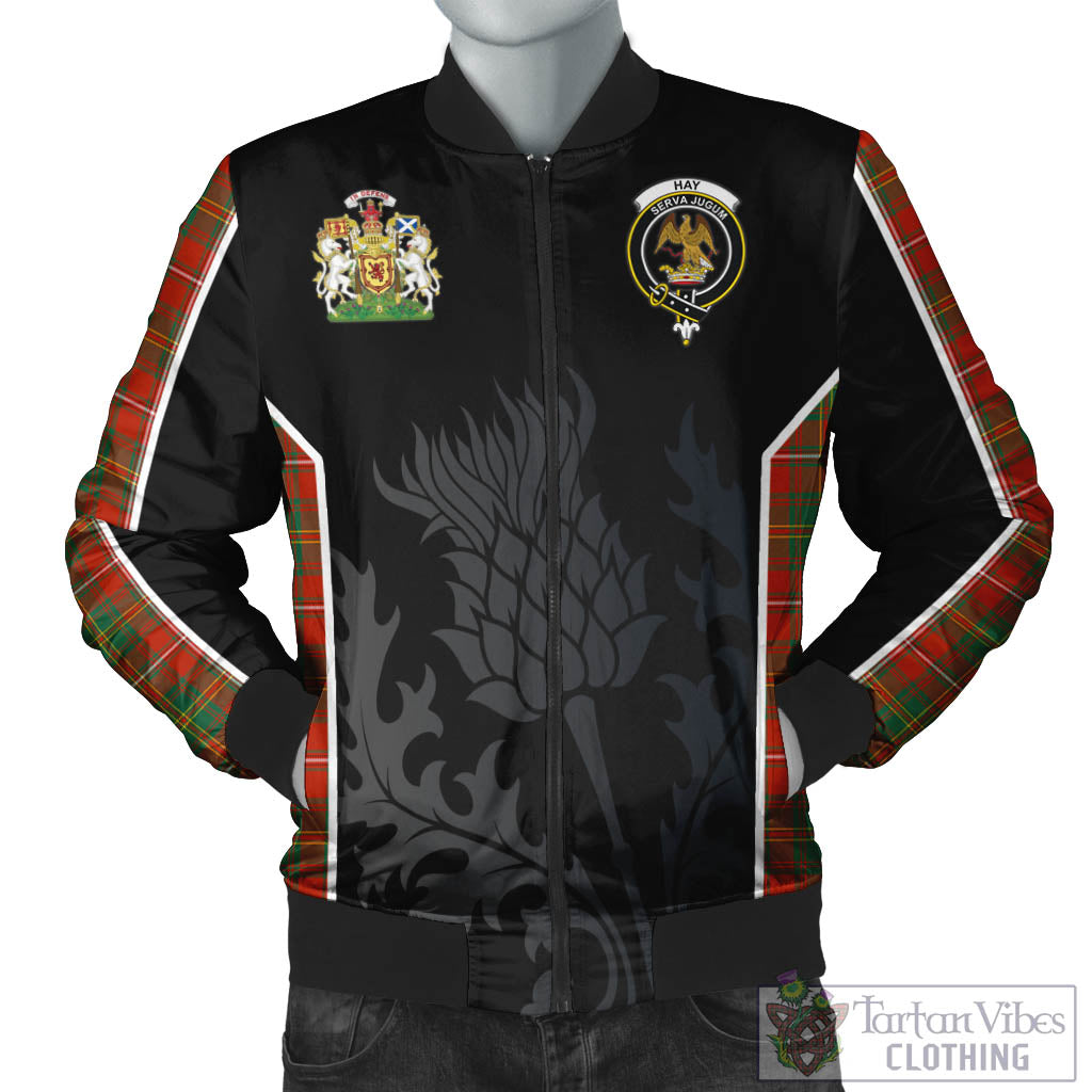 Tartan Vibes Clothing Hay Ancient Tartan Bomber Jacket with Family Crest and Scottish Thistle Vibes Sport Style
