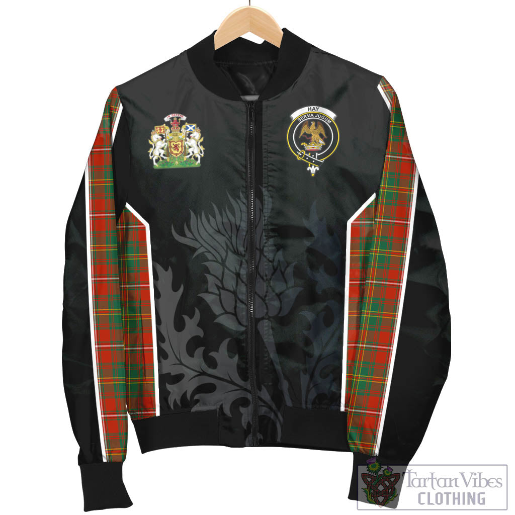 Tartan Vibes Clothing Hay Ancient Tartan Bomber Jacket with Family Crest and Scottish Thistle Vibes Sport Style
