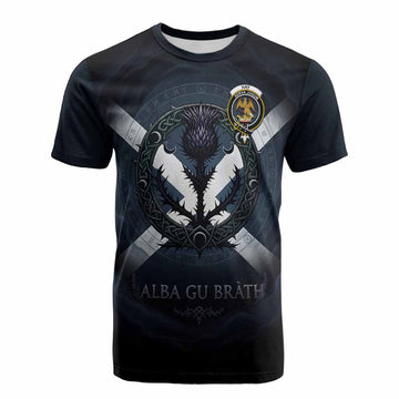 Hay Clan Crest Cotton T-shirt with Celtic Knot Thistle and Saltire