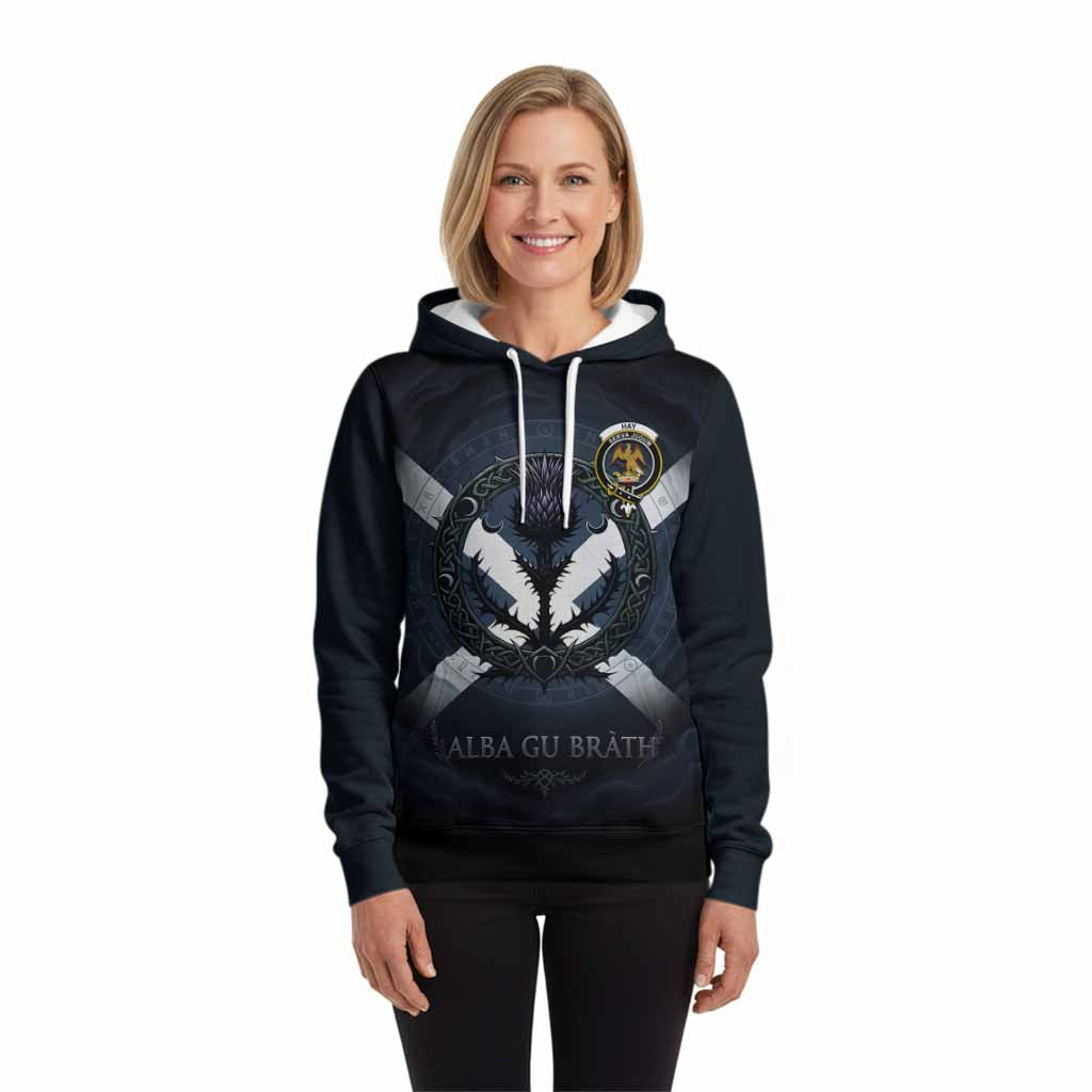 Hay Clan Crest Hoodie with Celtic Knot Thistle and Saltire