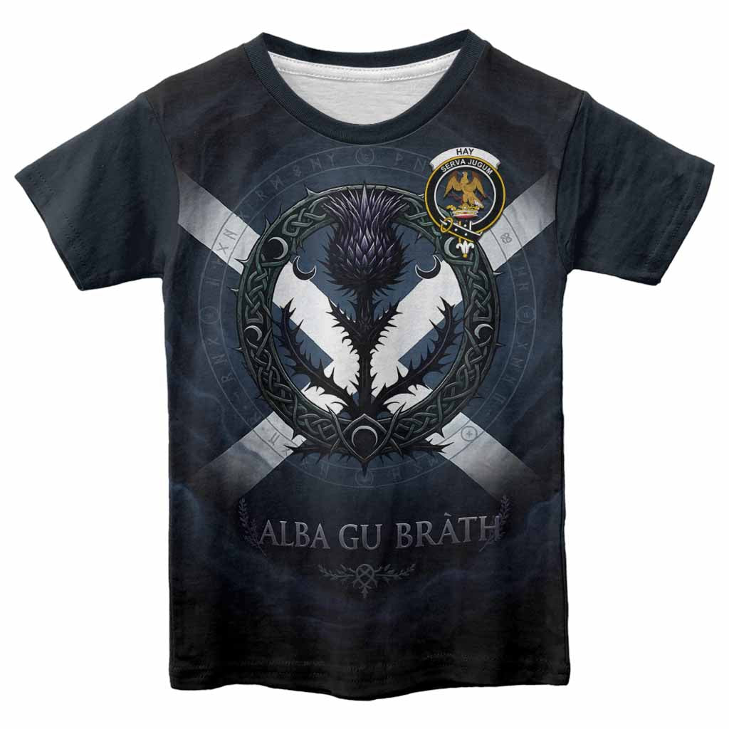 Hay Clan Crest Kid T-shirt with Celtic Knot Thistle and Saltire