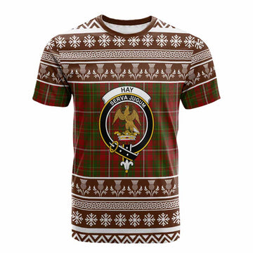 Hay Clan Tartan Christmas Cotton T-shirt with Family Crest