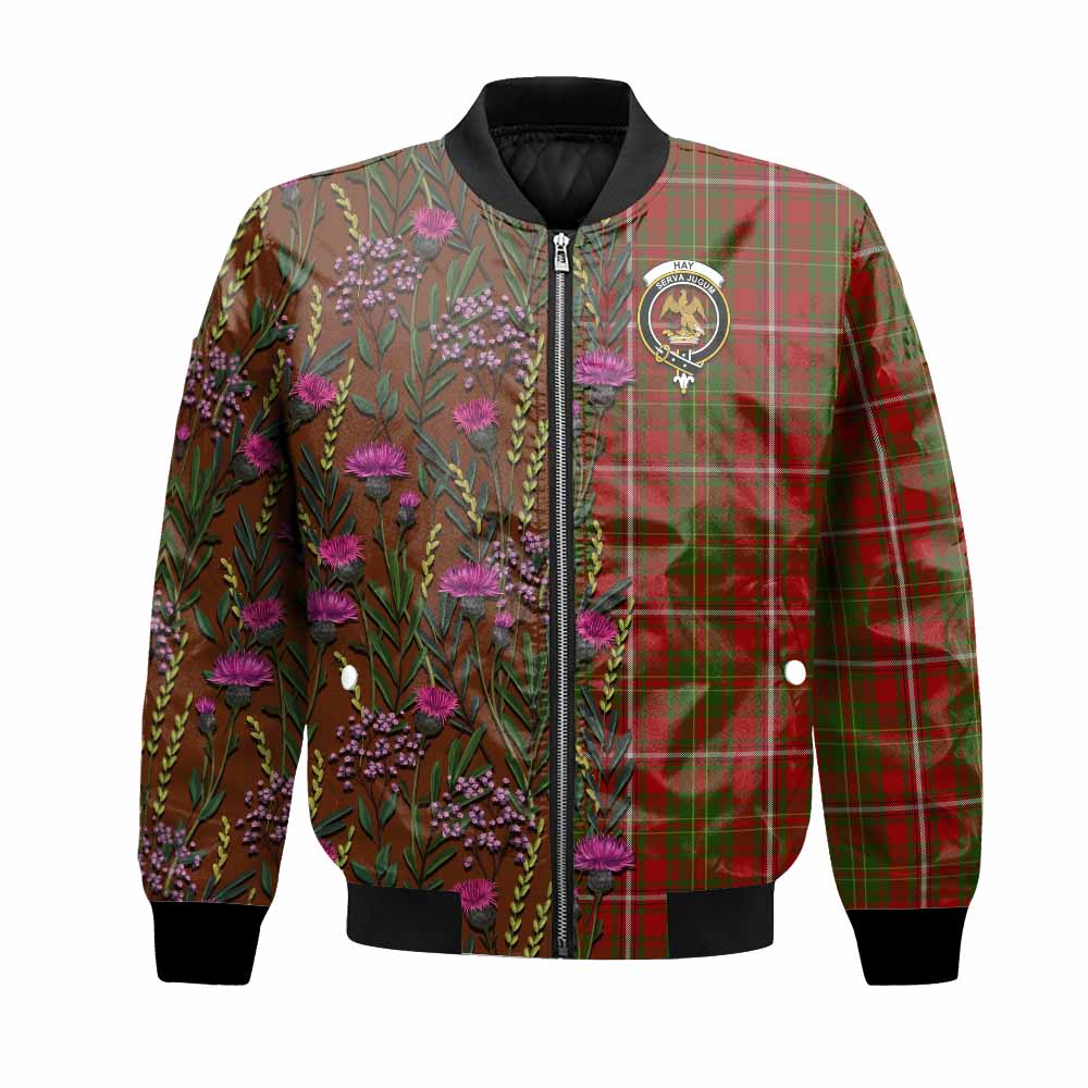 Hay Family Crest Tartan Bomber Jacket Scottish Thistle Flower Pattern Half Style - Tartan Vibes Clothing