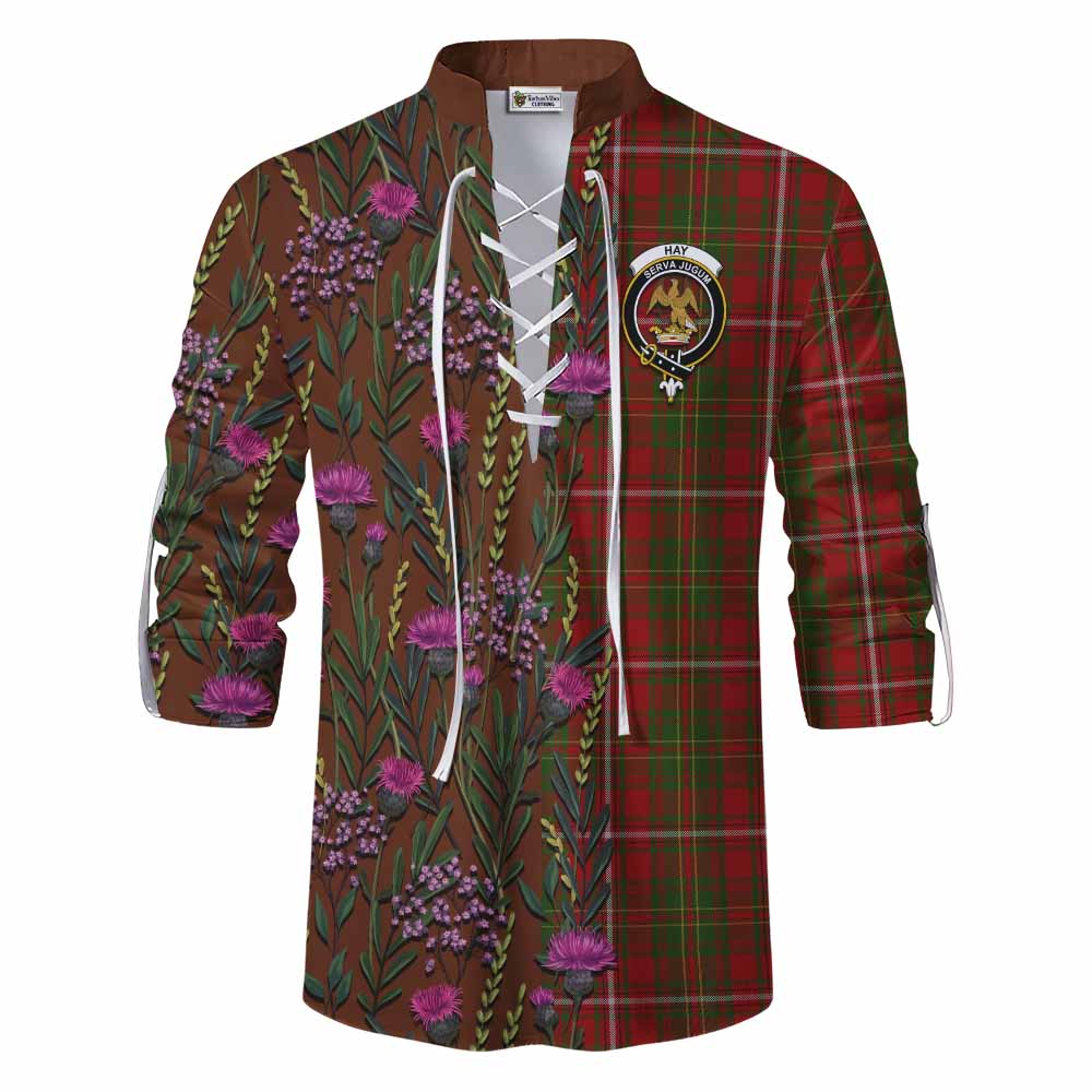 Hay Family Crest Tartan Ghillie Shirt Scottish Thistle Flower Pattern Half Style - Tartan Vibes Clothing