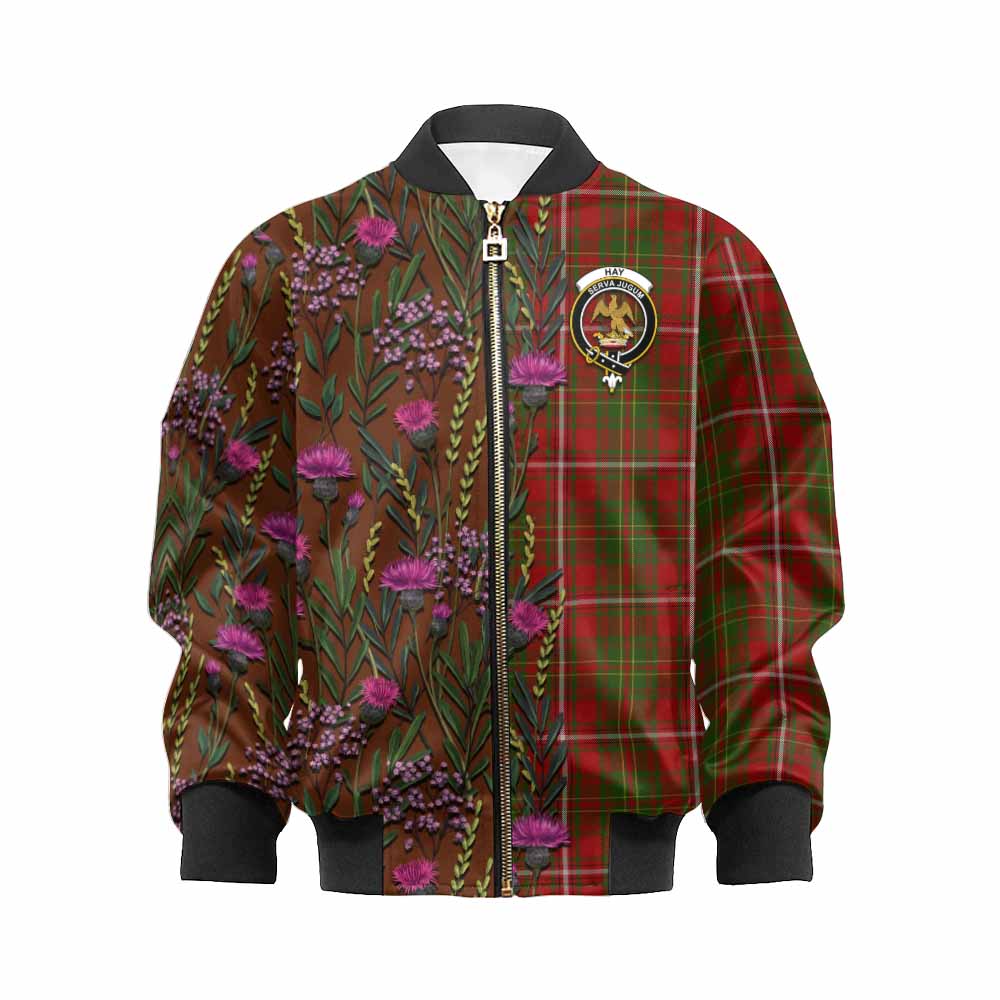 Hay Family Crest Tartan Kid Bomber Jacket Scottish Thistle Flower Pattern Half Style - Tartan Vibes Clothing
