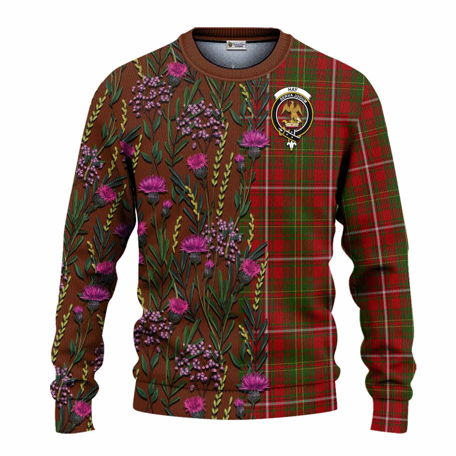 Hay Family Crest Tartan Knitted Sweater Scottish Thistle Flower Pattern Half Style - Tartan Vibes Clothing