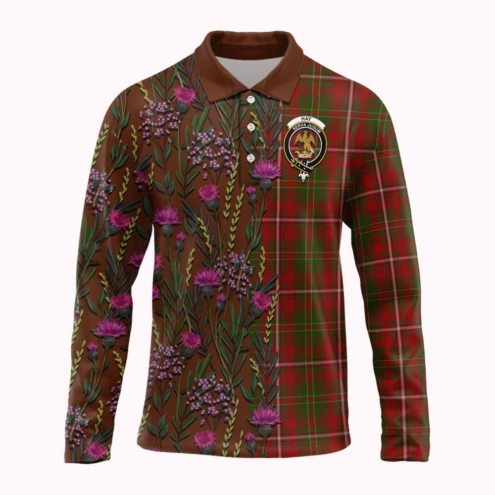 Hay Family Crest Tartan Long Sleeve Polo Shirt Scottish Thistle Flower Pattern Half Style - Tartan Vibes Clothing