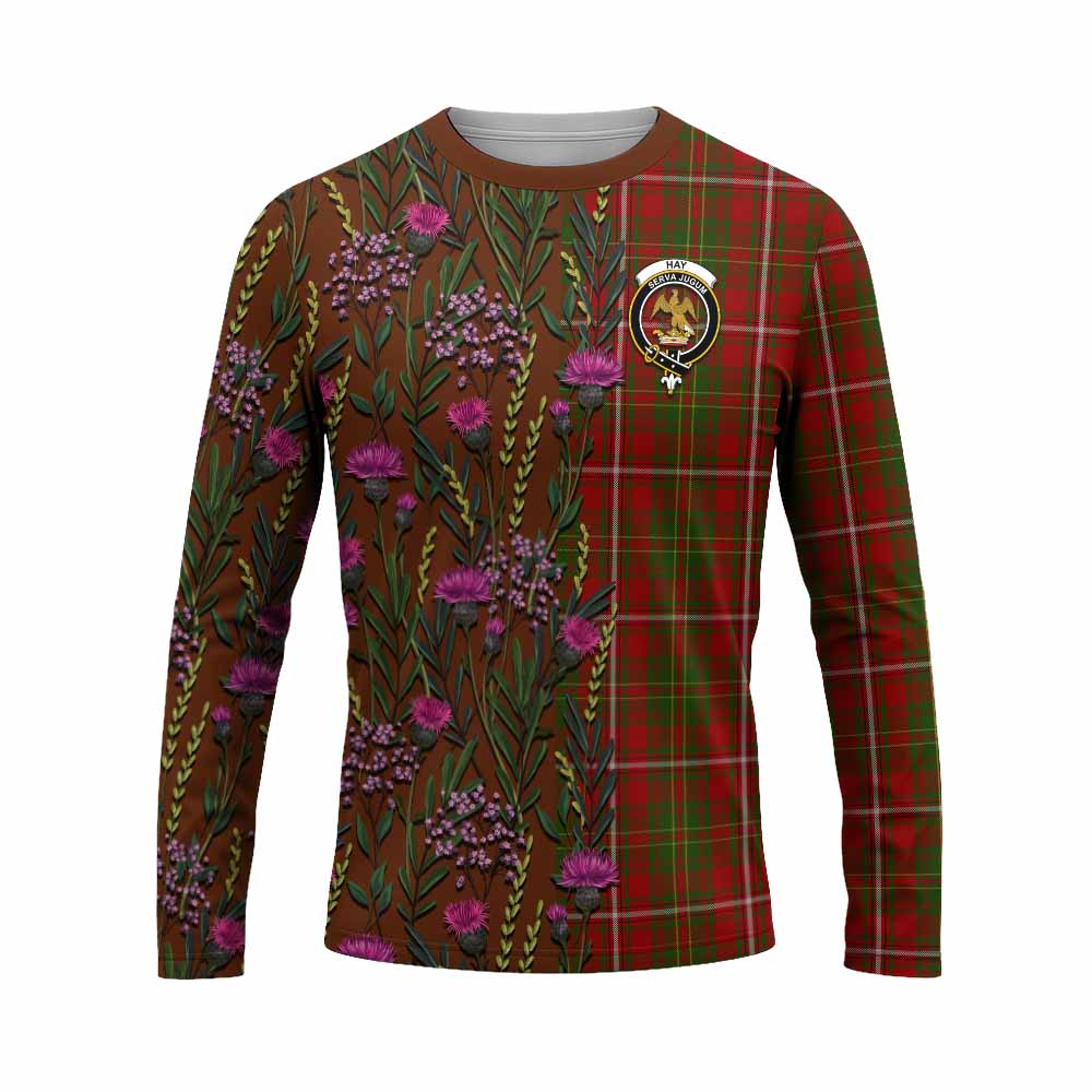 Hay Family Crest Tartan Long Sleeve T-Shirt Scottish Thistle Flower Pattern Half Style - Tartan Vibes Clothing