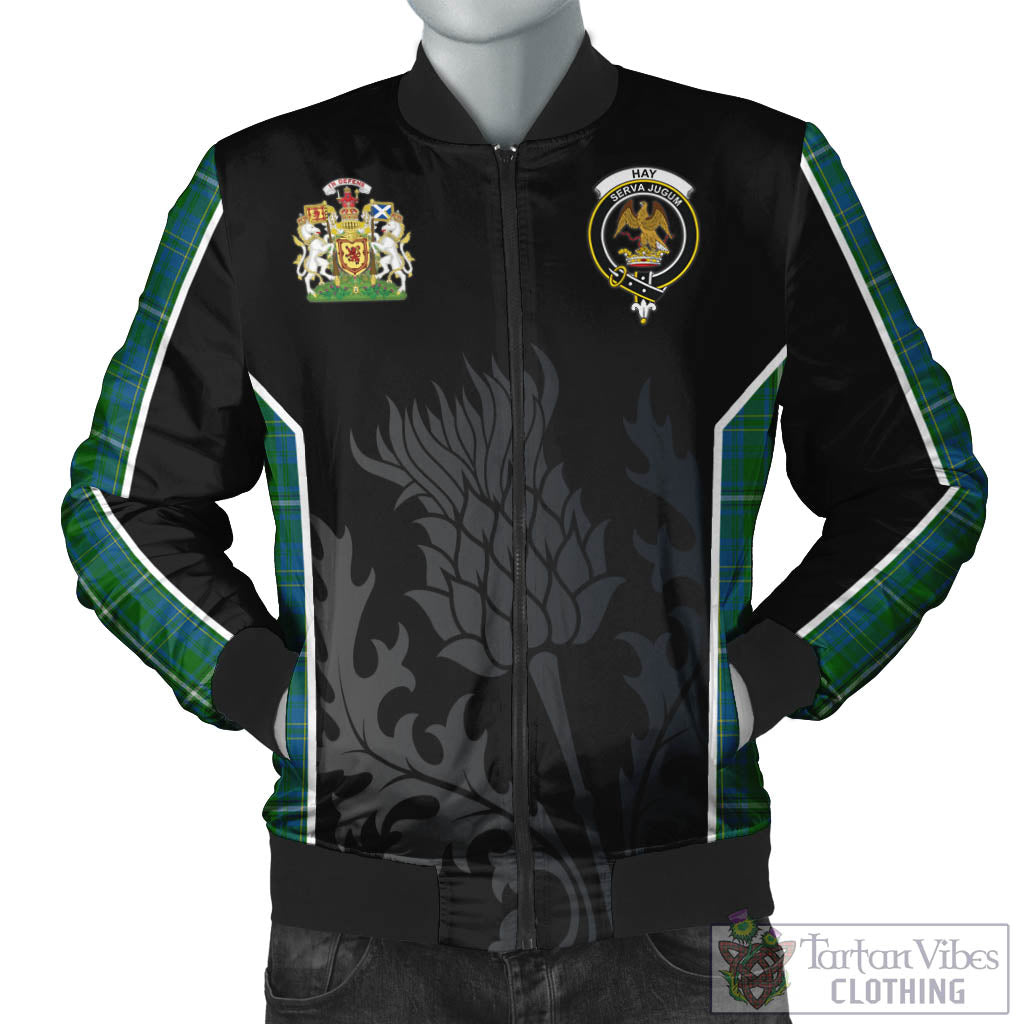 Tartan Vibes Clothing Hay Hunting Tartan Bomber Jacket with Family Crest and Scottish Thistle Vibes Sport Style