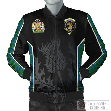 Hay Hunting Tartan Bomber Jacket with Family Crest and Scottish Thistle Vibes Sport Style