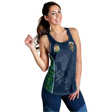 Hay Hunting Tartan Women's Racerback Tanks with Family Crest and Scottish Thistle Vibes Sport Style