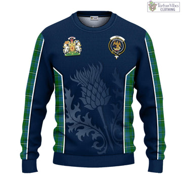 Hay Hunting Tartan Knitted Sweatshirt with Family Crest and Scottish Thistle Vibes Sport Style