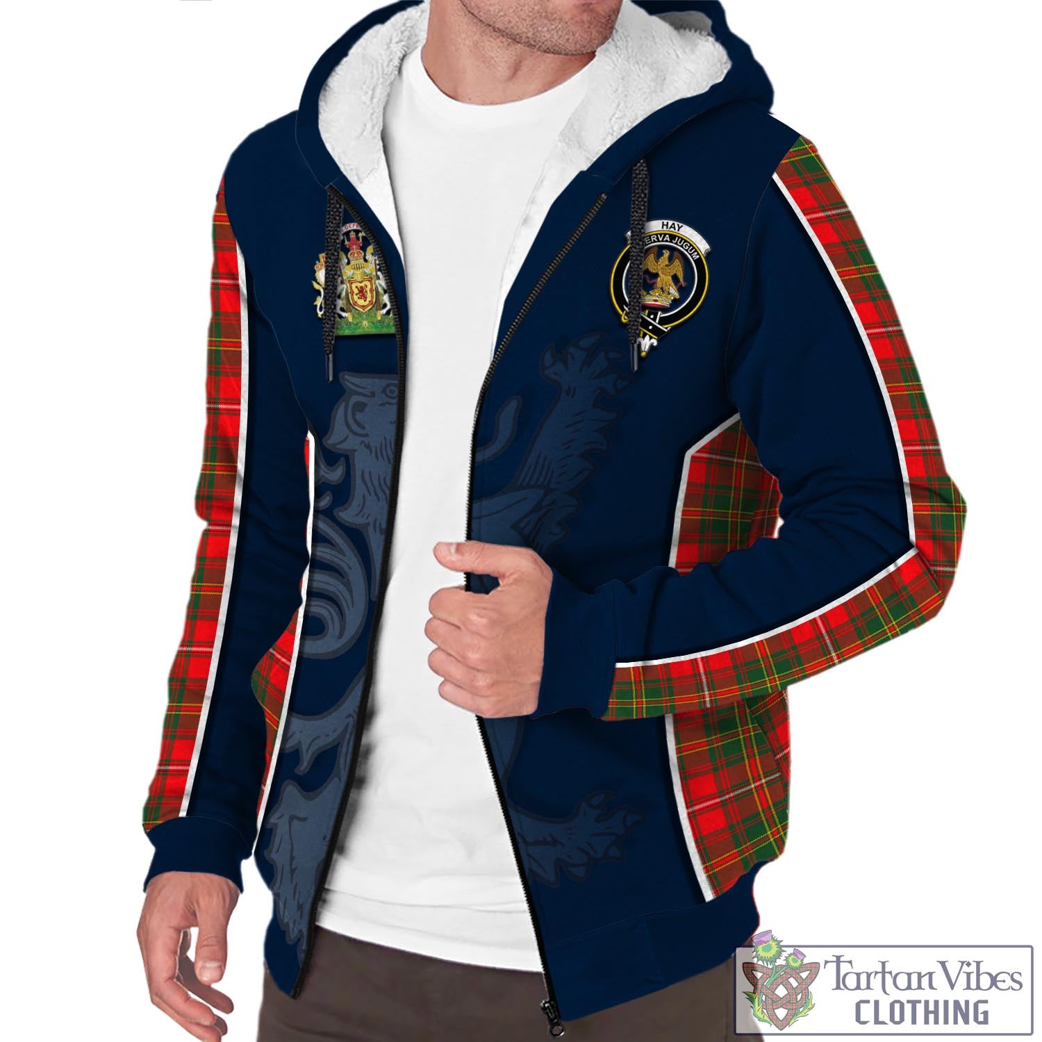 Tartan Vibes Clothing Hay Modern Tartan Sherpa Hoodie with Family Crest and Lion Rampant Vibes Sport Style