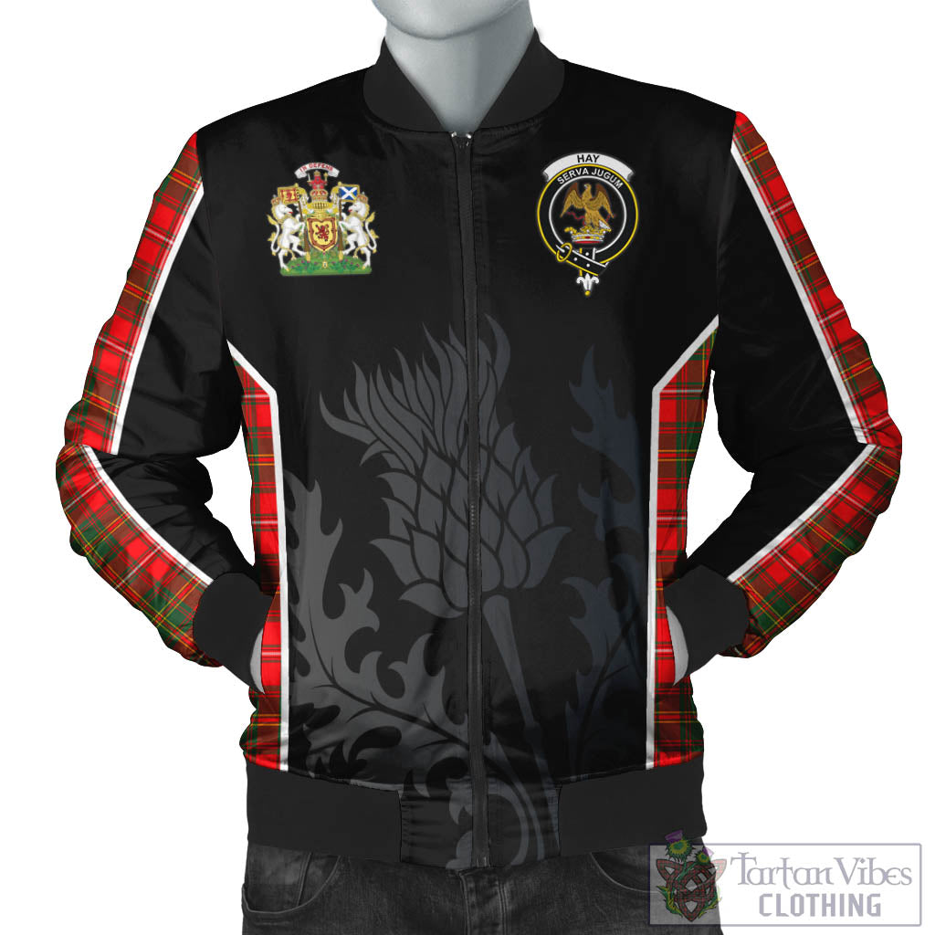 Tartan Vibes Clothing Hay Modern Tartan Bomber Jacket with Family Crest and Scottish Thistle Vibes Sport Style