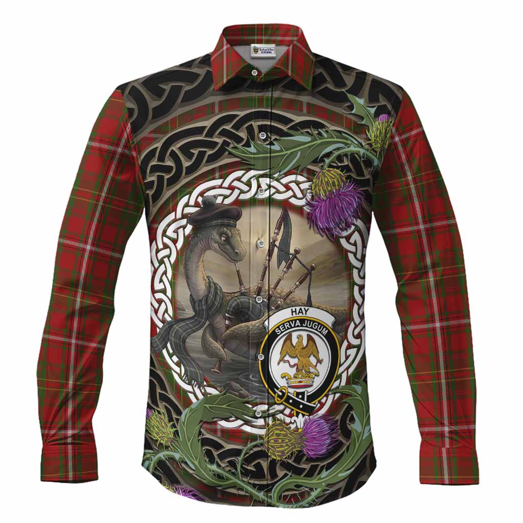 Hay Tartan Crest Bagpipe Nessie Long Sleeve Button Shirts Scottish Loch Ness Monster Celtic Thistle