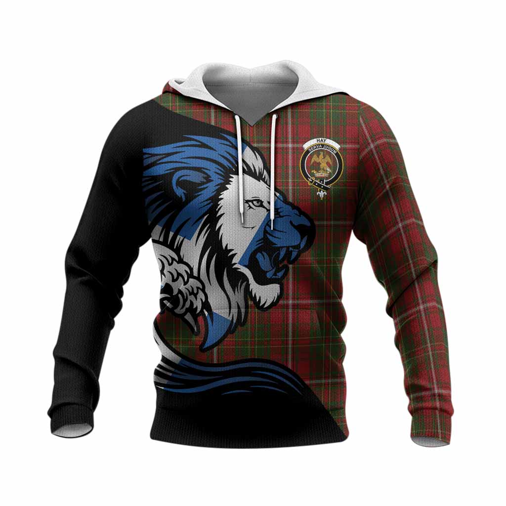 Hay Tartan Crest Knitted Hoodie Scottish Golden Lions Wave Flow