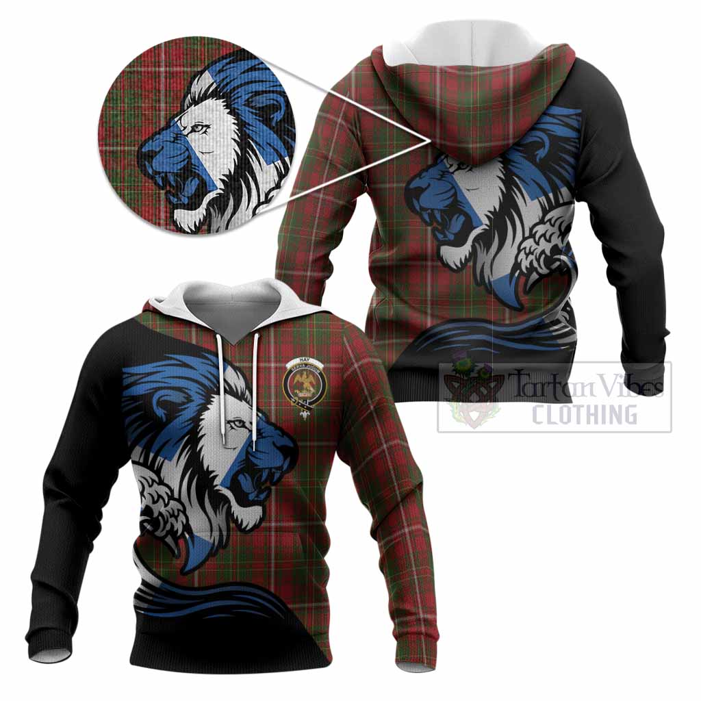 Hay Tartan Crest Knitted Hoodie Scottish Golden Lions Wave Flow