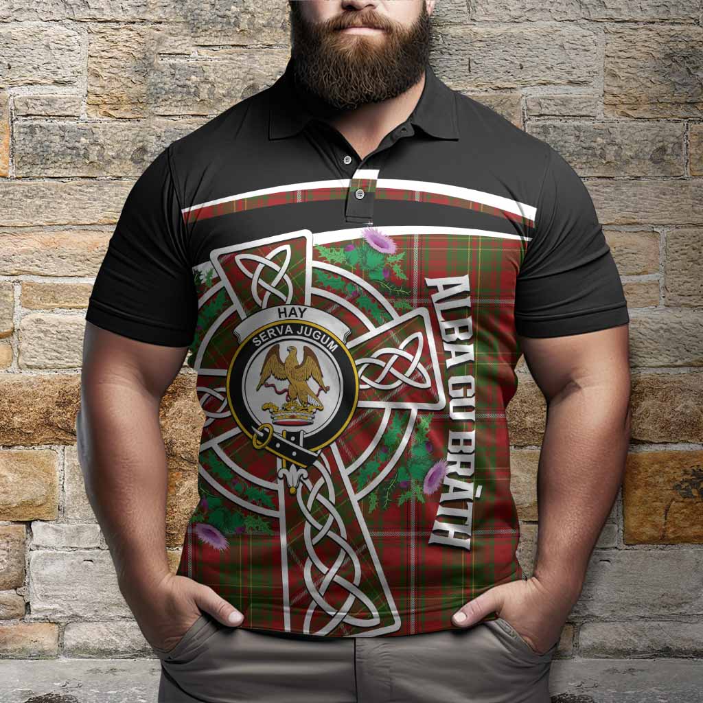Hay Tartan Crest Polo Shirt Scottish Thistle Celtic Cross Alba Gu Brath