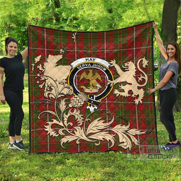 Hay Tartan Crest Premium Quilt with Scottish Iconic Symbols 