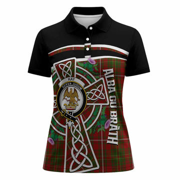 Hay Tartan Crest Women Polo Shirt Scottish Thistle Celtic Cross Alba Gu Brath