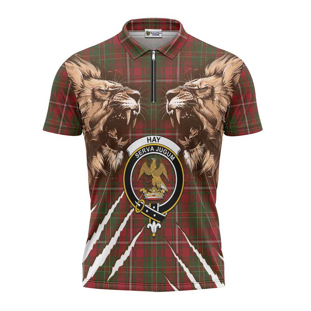 Hay Tartan Crest Zipper Polo Shirt Ferocious Lion Style