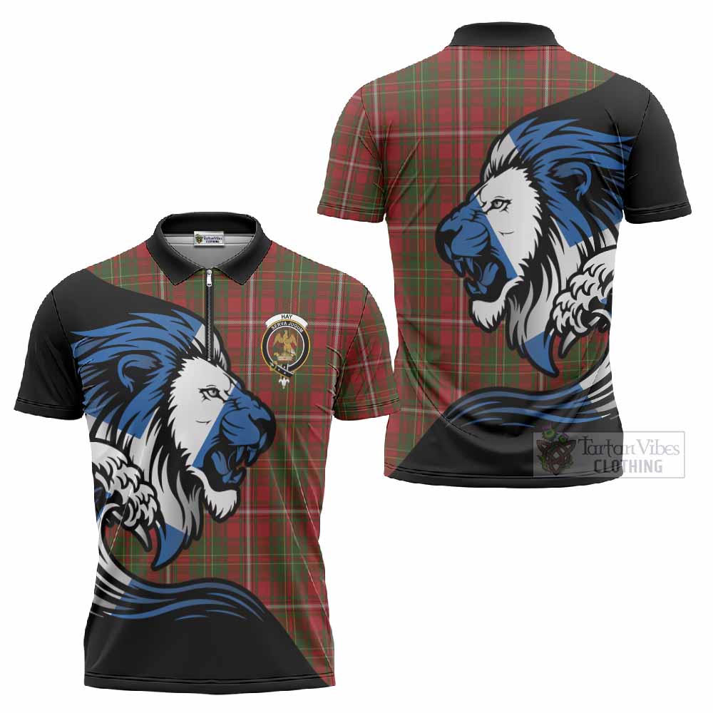 Hay Tartan Crest Zipper Polo Shirt Scottish Golden Lions Wave Flow