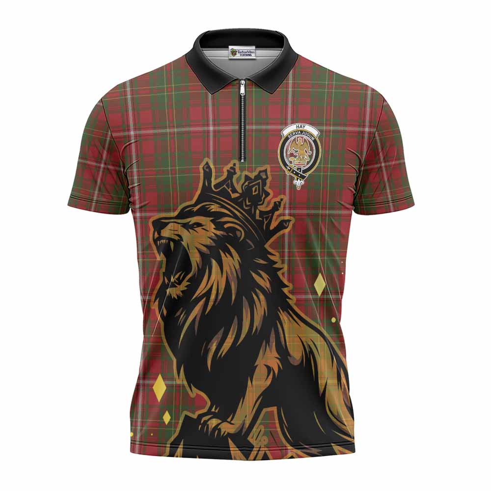 Hay Tartan Family Crest Zipper Polo Shirt Crowned Lion Roaring