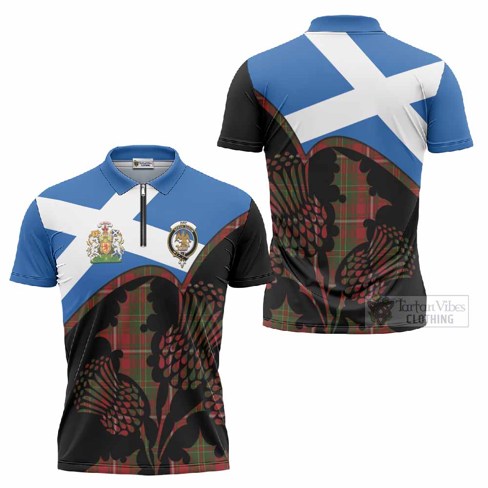 Hay Tartan Family Crest Zipper Polo Shirt Scotland Thistle Floral Flag Style