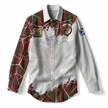 Hay Tartan Women Casual Shirt with Family Crest and Lion Rampant Grunge Style