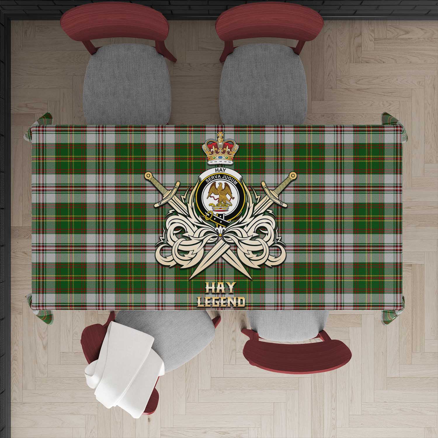 Tartan Vibes Clothing Hay White Dress Tartan Tablecloth with Clan Crest and the Golden Sword of Courageous Legacy