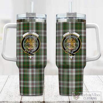 Hay White Dress Tartan and Family Crest Tumbler with Handle