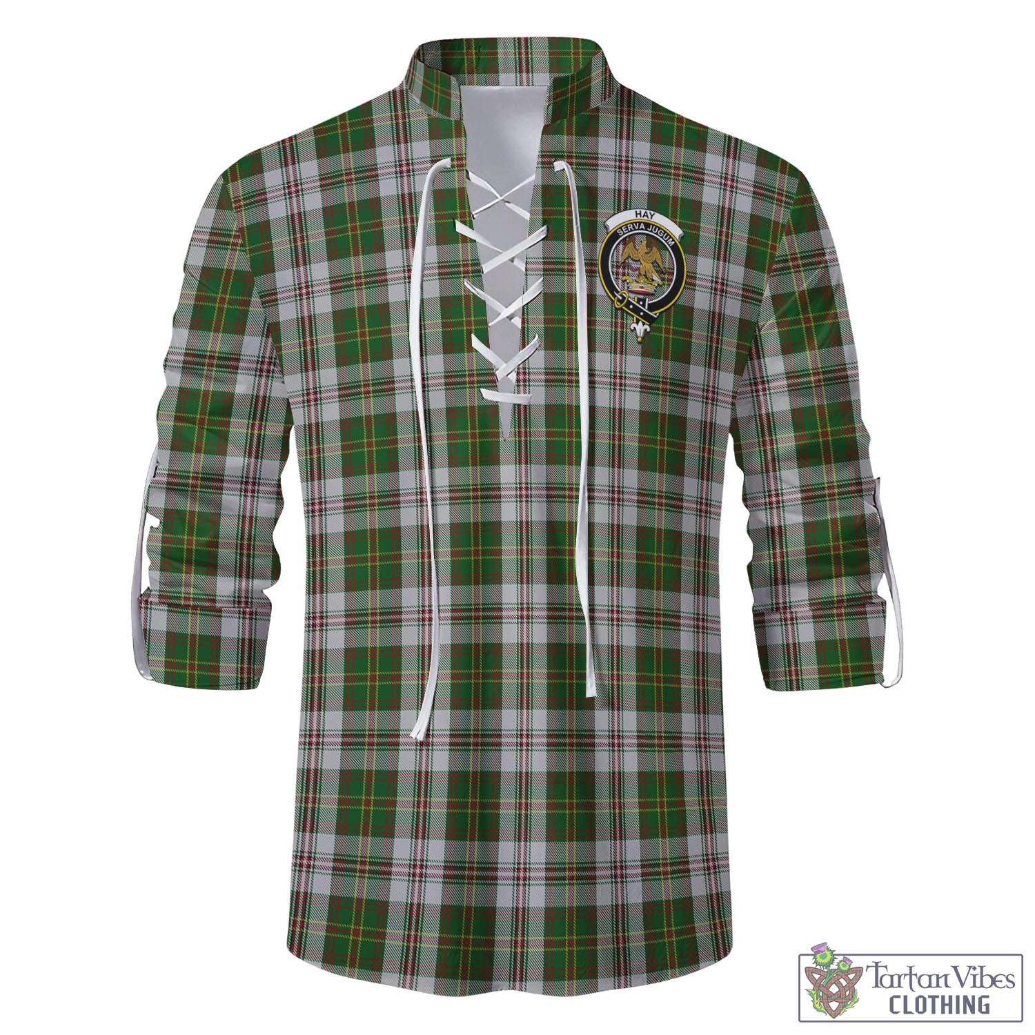 Tartan Vibes Clothing Hay White Dress Tartan Men's Scottish Traditional Jacobite Ghillie Kilt Shirt with Family Crest